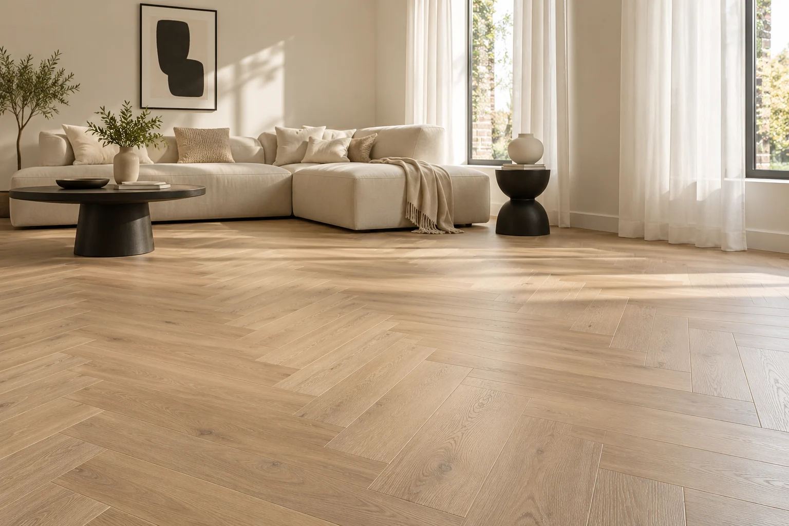 Licht wooninterieur met een visgraat PVC vloer als sfeerimpressie